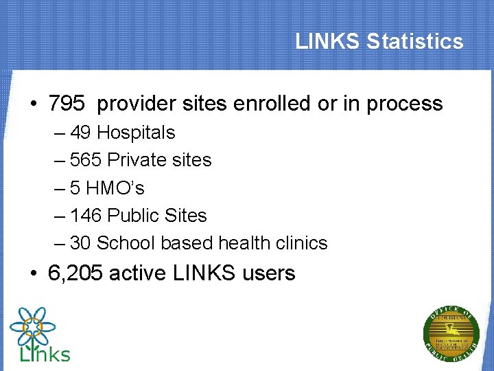 LINKS Statistics • 795 provider sites enrolled or in process – 49 Hospitals –