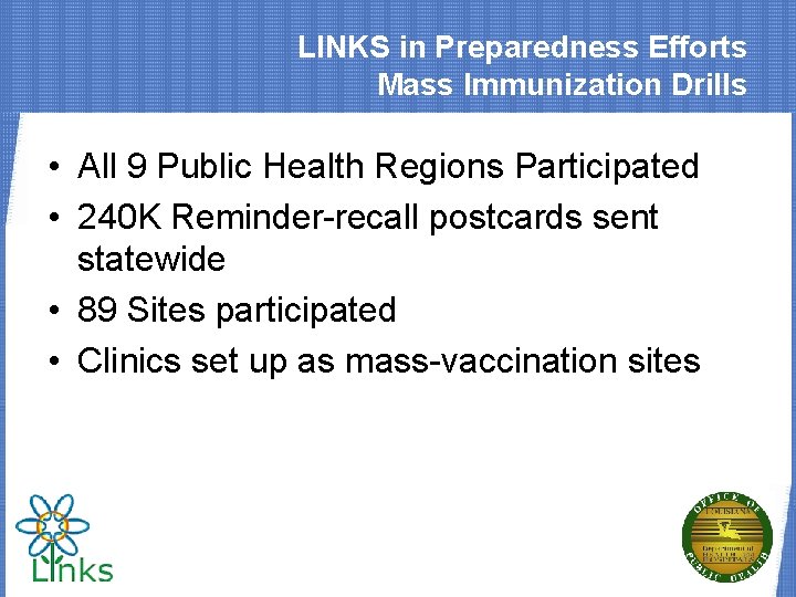 LINKS in Preparedness Efforts Mass Immunization Drills • All 9 Public Health Regions Participated