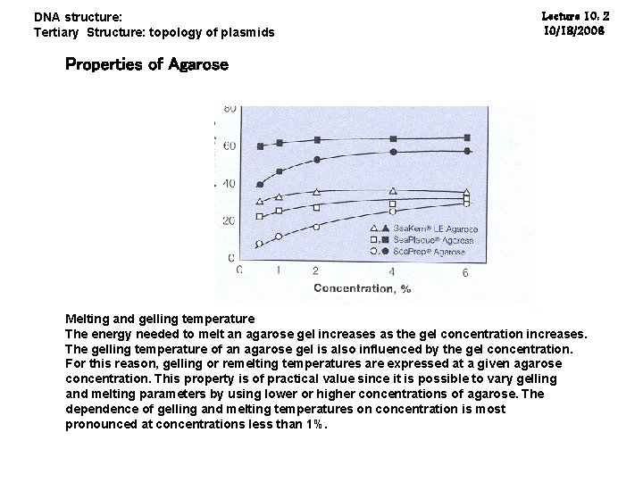 DNA structure: Tertiary Structure: topology of plasmids Lecture 10: 2 10/18/2006 Properties of Agarose