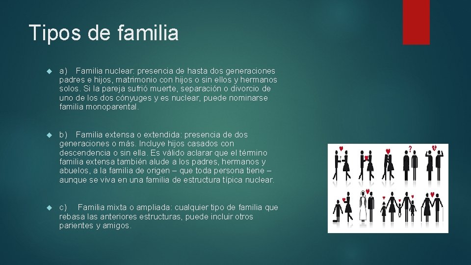 Tipos de familia a) Familia nuclear: presencia de hasta dos generaciones padres e hijos,