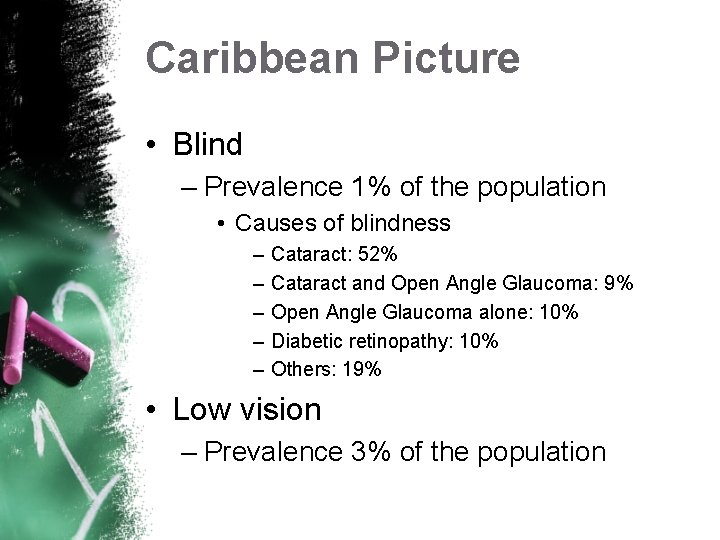 Caribbean Picture • Blind – Prevalence 1% of the population • Causes of blindness