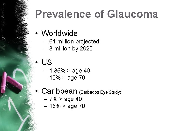 Prevalence of Glaucoma • Worldwide – 61 million projected – 8 million by 2020