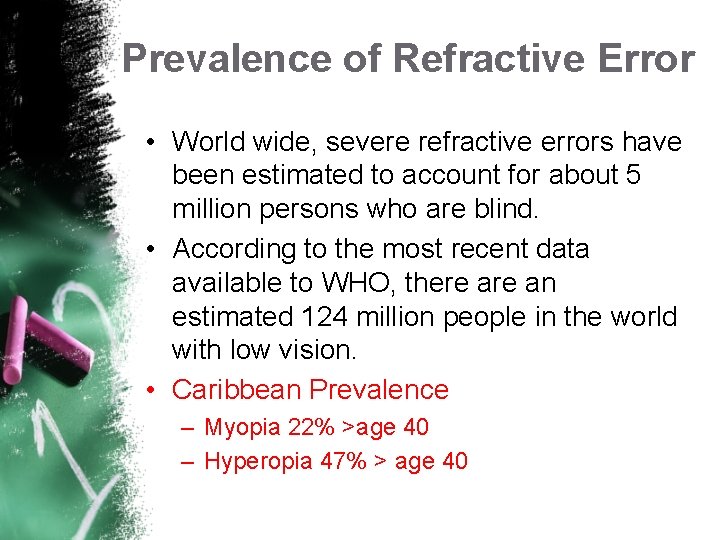 Prevalence of Refractive Error • World wide, severe refractive errors have been estimated to