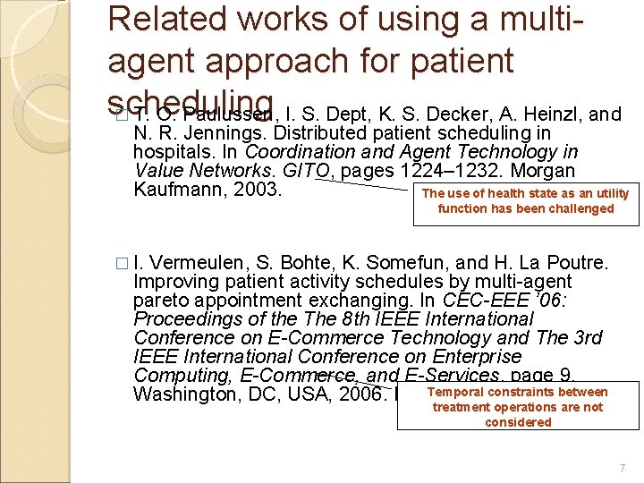 Related works of using a multiagent approach for patient scheduling � T. O. Paulussen, Related works of using a multiagent approach for patient scheduling � T. O. Paulussen,
