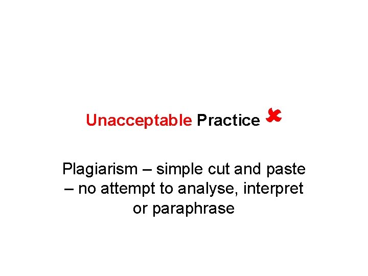 Unacceptable Practice Plagiarism – simple cut and paste – no attempt to analyse, interpret