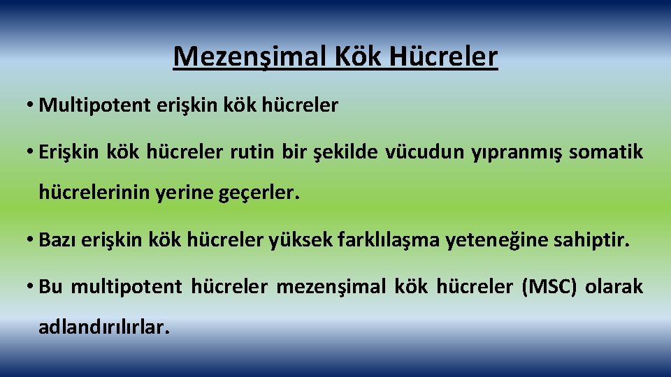 Mezenşimal Kök Hücreler • Multipotent erişkin kök hücreler • Erişkin kök hücreler rutin bir