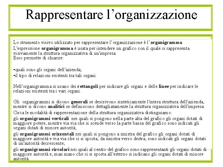 Rappresentare l’organizzazione Lo strumento visivo utilizzato per rappresentare l’organizzazione è l’organigramma L'espressione organigramma è