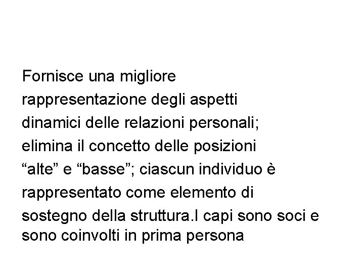 Fornisce una migliore rappresentazione degli aspetti dinamici delle relazioni personali; elimina il concetto delle