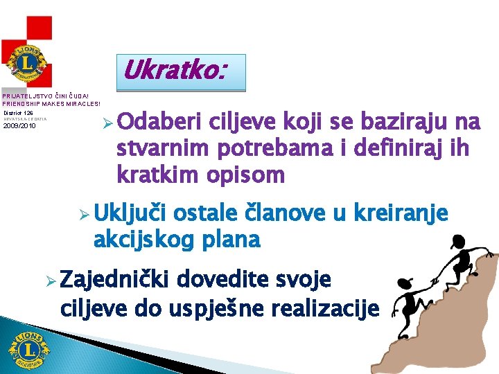 Ukratko: PRIJATELJSTVO ČINI ČUDA! FRIENDSHIP MAKES MIRACLES! District 126 HRVATSKA-CROATIA 2009/2010 Ø Odaberi ciljeve