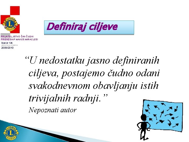 Definiraj ciljeve PRIJATELJSTVO ČINI ČUDA! FRIENDSHIP MAKES MIRACLES! District 126 HRVATSKA-CROATIA 2009/2010 “U nedostatku