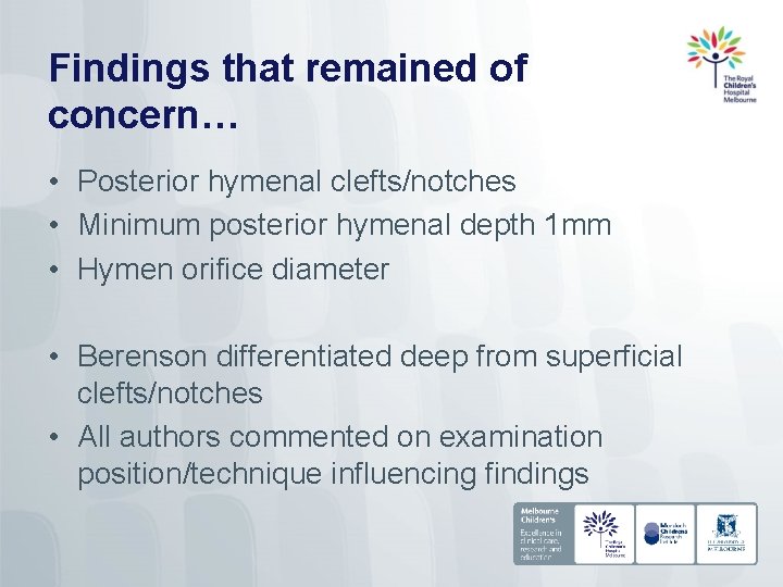 Findings that remained of concern… • Posterior hymenal clefts/notches • Minimum posterior hymenal depth