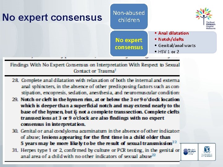 No expert consensus Non-abused children No expert consensus • • Anal dilatation Notch/clefts Genital/anal