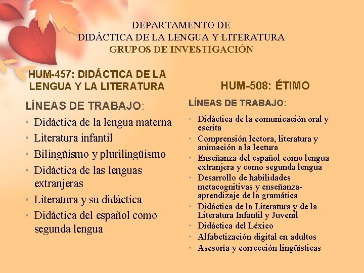 DEPARTAMENTO DE DIDÁCTICA DE LA LENGUA Y LITERATURA GRUPOS DE INVESTIGACIÓN HUM-457: DIDÁCTICA DE
