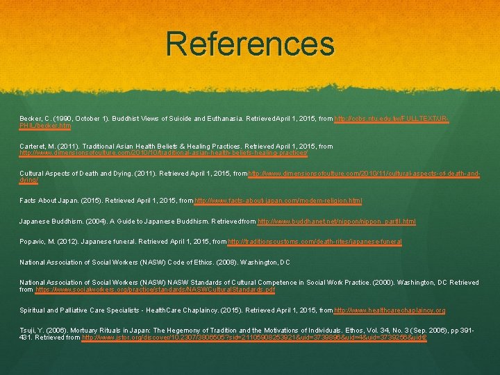 References Becker, C. (1990, October 1). Buddhist Views of Suicide and Euthanasia. Retrieved April