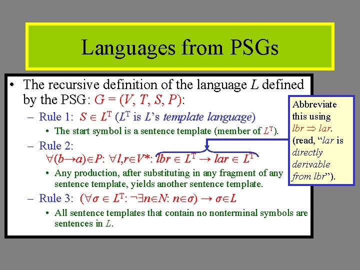 Languages from PSGs • The recursive definition of the language L defined by the