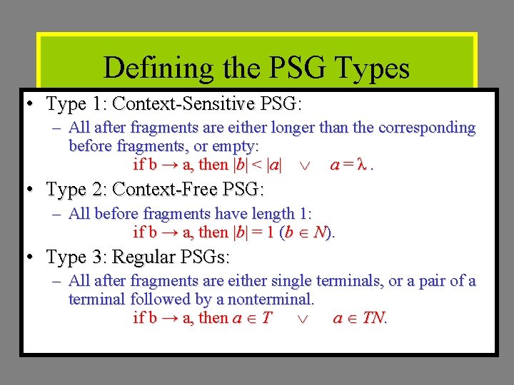 Defining the PSG Types • Type 1: Context-Sensitive PSG: – All after fragments are