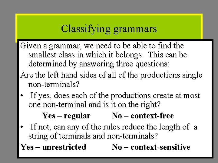 Classifying grammars Given a grammar, we need to be able to find the smallest