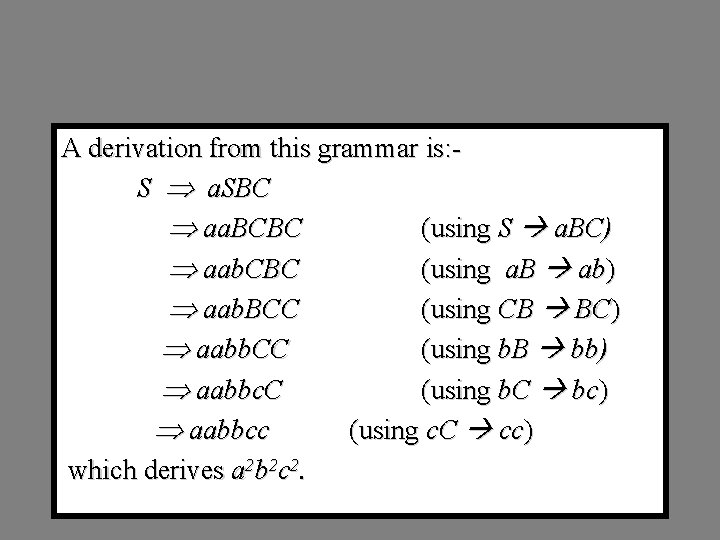 A derivation from this grammar is: S a. SBC aa. BCBC (using S a.