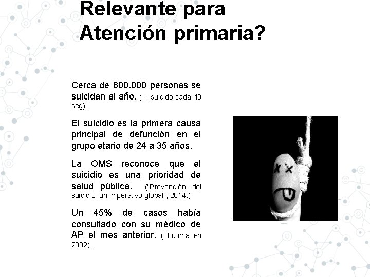 Relevante para Atención primaria? Cerca de 800. 000 personas se suicidan al año. (