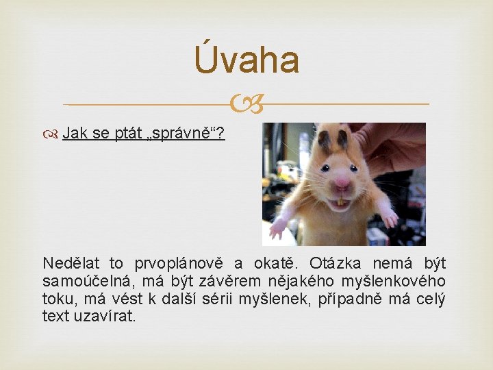 Úvaha Jak se ptát „správně“? Nedělat to prvoplánově a okatě. Otázka nemá být samoúčelná,