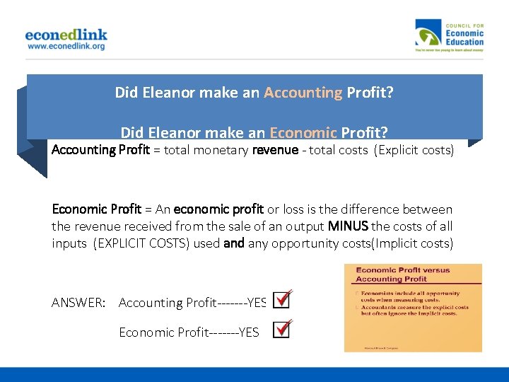 Did Eleanor make an Accounting Profit? Did Eleanor make an Economic Profit? Accounting Profit