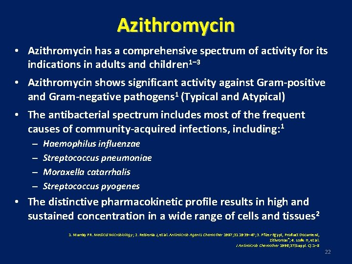 Azithromycin • Azithromycin has a comprehensive spectrum of activity for its indications in adults