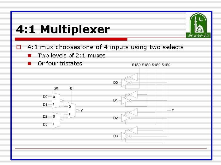 4: 1 Multiplexer o 4: 1 mux chooses one of 4 inputs using two