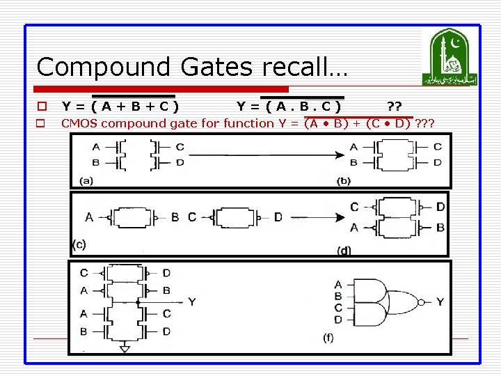 Compound Gates recall… o Y=(A+B+C) Y=(A. B. C) ? ? o CMOS compound gate