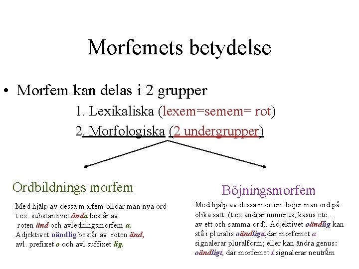 Morfemets betydelse • Morfem kan delas i 2 grupper 1. Lexikaliska (lexem=semem= rot) 2.