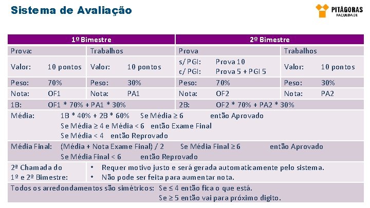 Sistema de Avaliação Prova: 1º Bimestre Trabalhos 2º Bimestre Trabalhos Prova s/ PGI: Prova