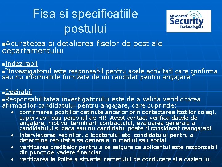 Fisa si specificatiile postului Acuratetea si detalierea fiselor de post ale departamentului n Indezirabil