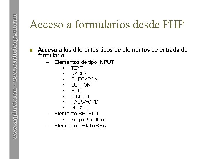 Acceso a formularios desde PHP n Acceso a los diferentes tipos de elementos de