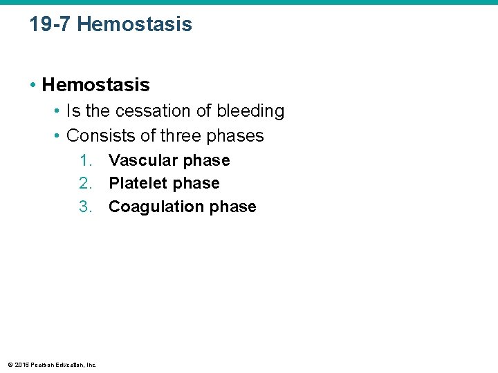 19 -7 Hemostasis • Is the cessation of bleeding • Consists of three phases