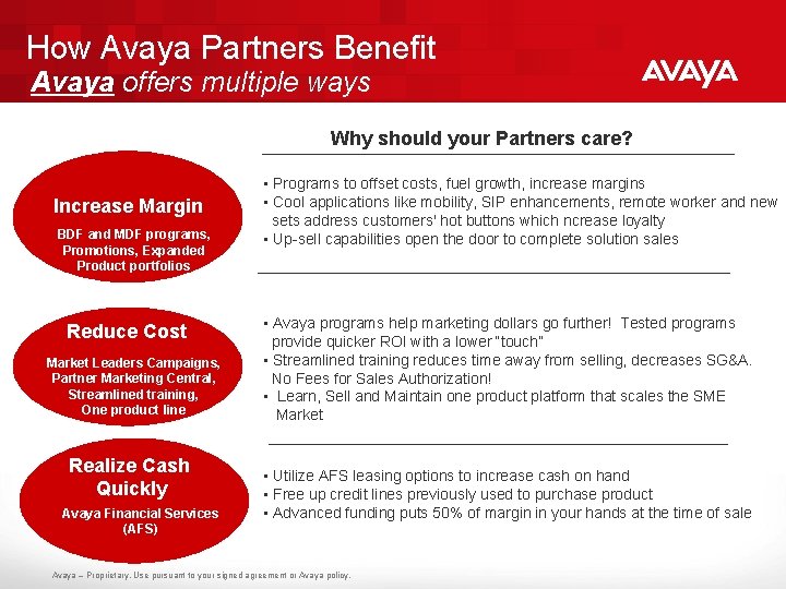 How Avaya Partners Benefit Avaya offers multiple ways Why should your Partners care? Increase