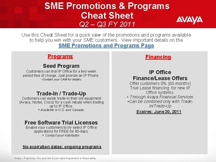 SME Promotions & Programs Cheat Sheet Q 2 – Q 3 FY 2011 Use