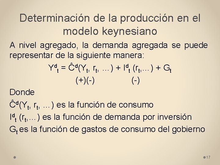 Determinación de la producción en el modelo keynesiano A nivel agregado, la demanda agregada