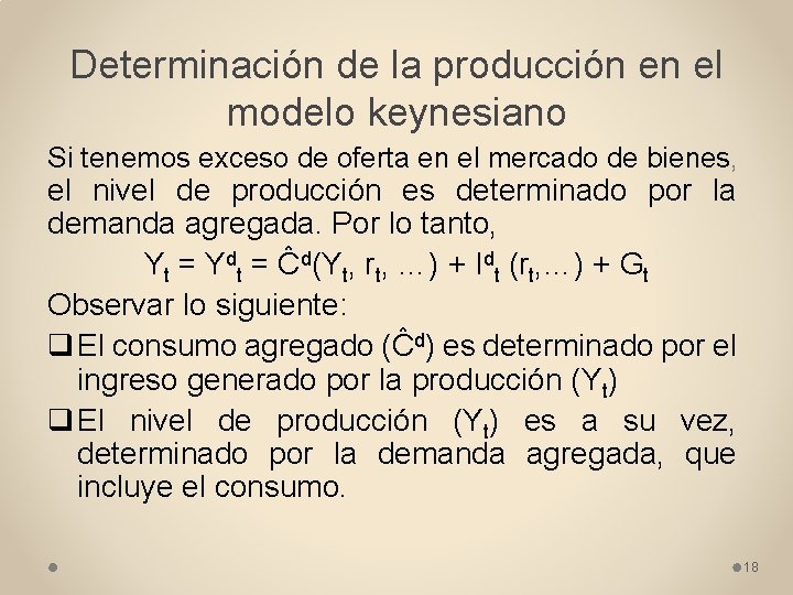 Determinación de la producción en el modelo keynesiano Si tenemos exceso de oferta en