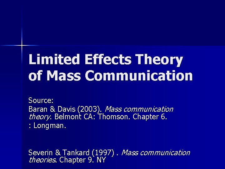 Limited Effects Theory of Mass Communication Source: Baran & Davis (2003). Mass communication theory.