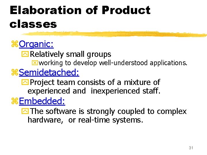 Elaboration of Product classes z. Organic: y. Relatively small groups xworking to develop well-understood