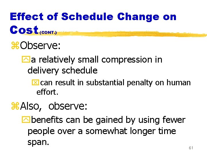 Effect of Schedule Change on Cost (CONT. ) z. Observe: ya relatively small compression