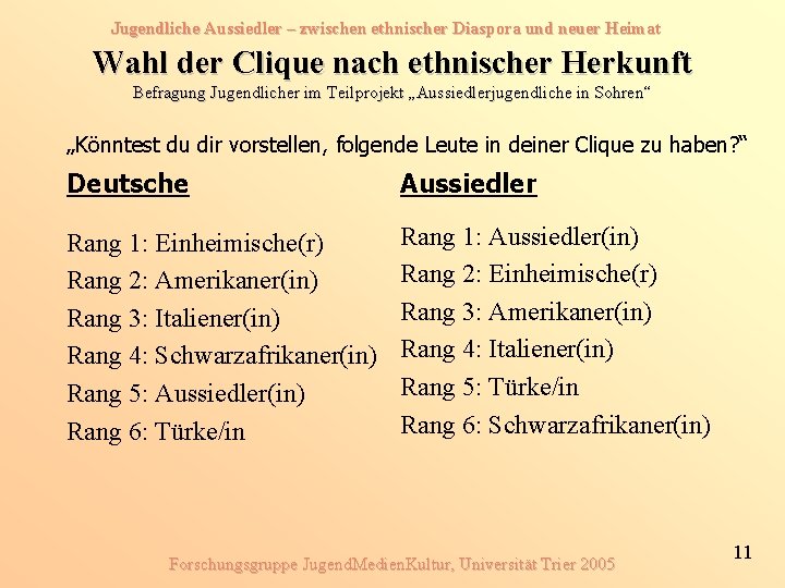 Jugendliche Aussiedler – zwischen ethnischer Diaspora und neuer Heimat Wahl der Clique nach ethnischer