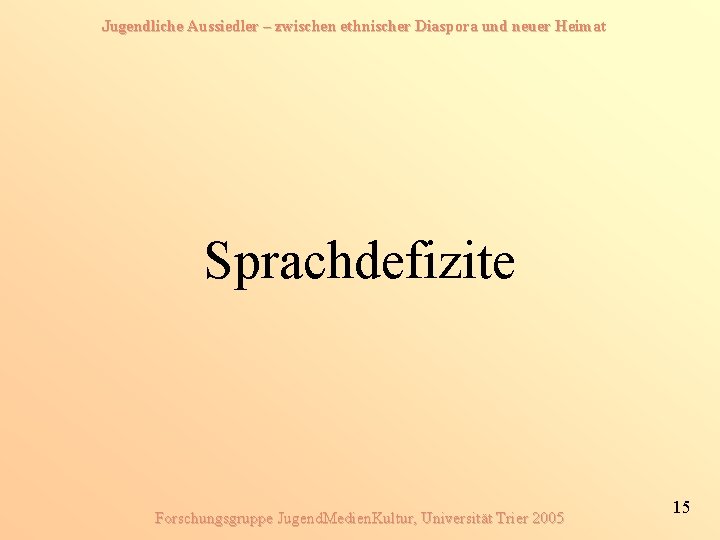 Jugendliche Aussiedler – zwischen ethnischer Diaspora und neuer Heimat Sprachdefizite Forschungsgruppe Jugend. Medien. Kultur,