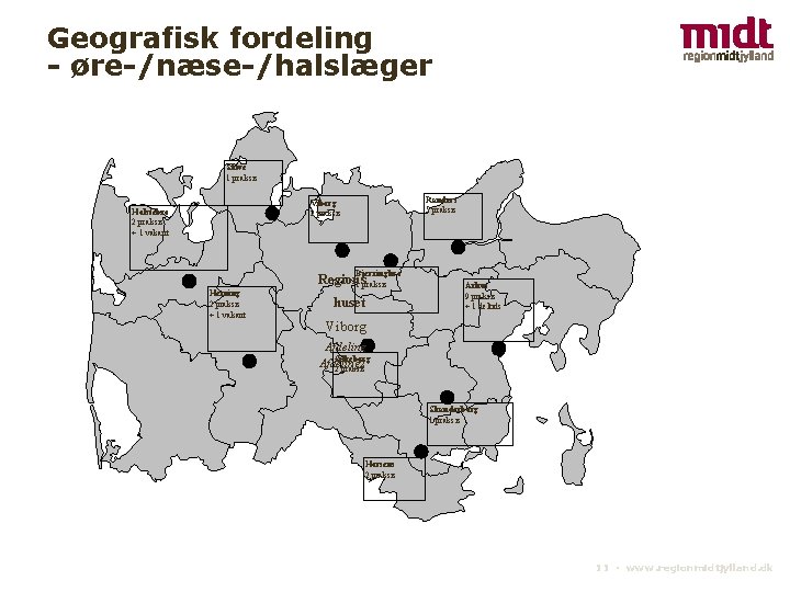 Geografisk fordeling - øre-/næse-/halslæger Skive 1 praksis Randers 5 praksis Viborg 2 praksis Holstebro