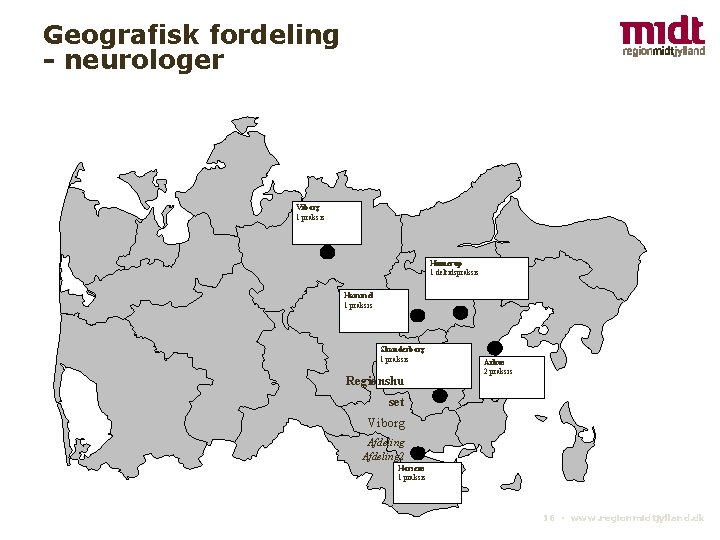 Geografisk fordeling - neurologer Viborg 1 praksis Hinnerup 1 deltidspraksis Hammel 1 praksis Skanderborg