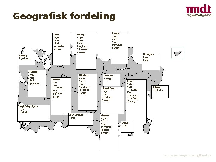 Geografisk fordeling Skive 1 øjne 1 ører 1 hud 1 psykiatri 1 øvrige Randers