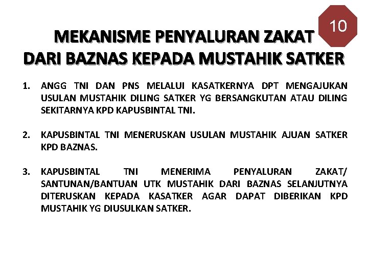 10 MEKANISME PENYALURAN ZAKAT DARI BAZNAS KEPADA MUSTAHIK SATKER 1. ANGG TNI DAN PNS