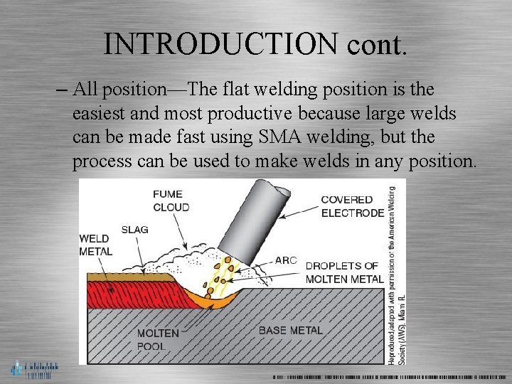 INTRODUCTION cont. – All position—The flat welding position is the easiest and most productive