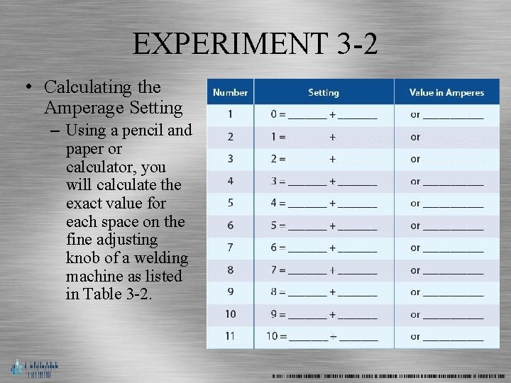 EXPERIMENT 3 -2 • Calculating the Amperage Setting – Using a pencil and paper