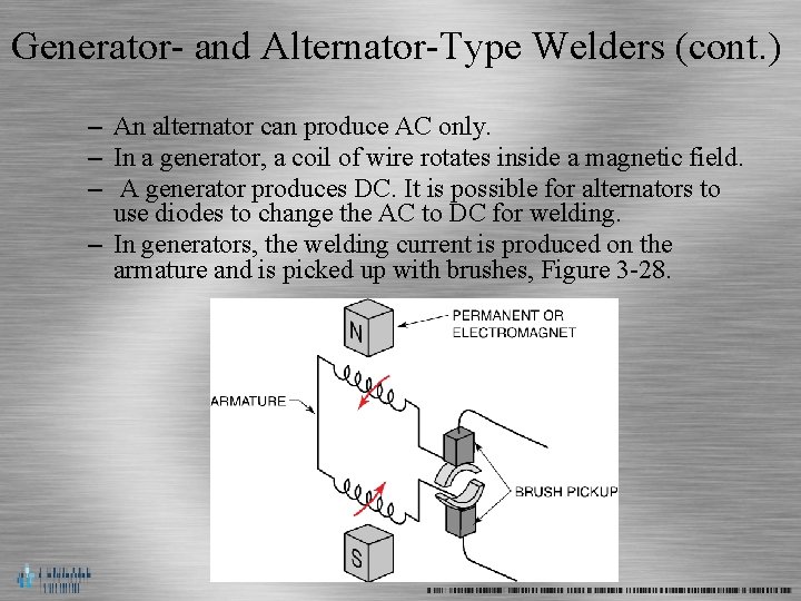 Generator- and Alternator-Type Welders (cont. ) – An alternator can produce AC only. –