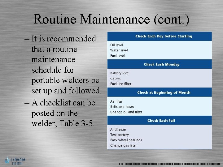Routine Maintenance (cont. ) – It is recommended that a routine maintenance schedule for